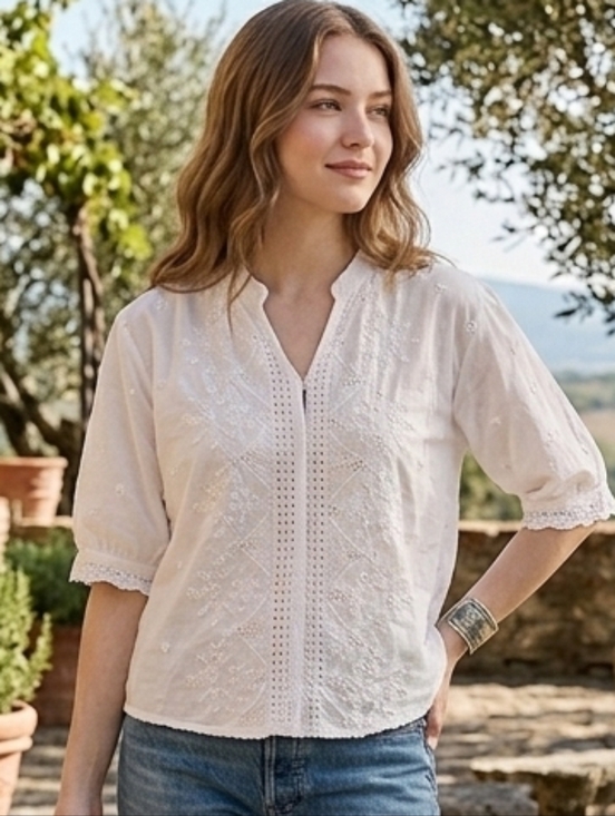 Tops - White Embroidered V-Neck Peasant Blouse